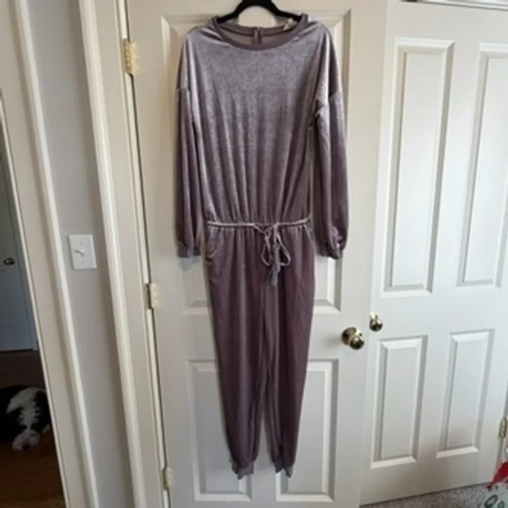 Easel Womens Mauve Purple Velvet Long Sleeve Drawstring‎ Jogger Jumpsuit Size S